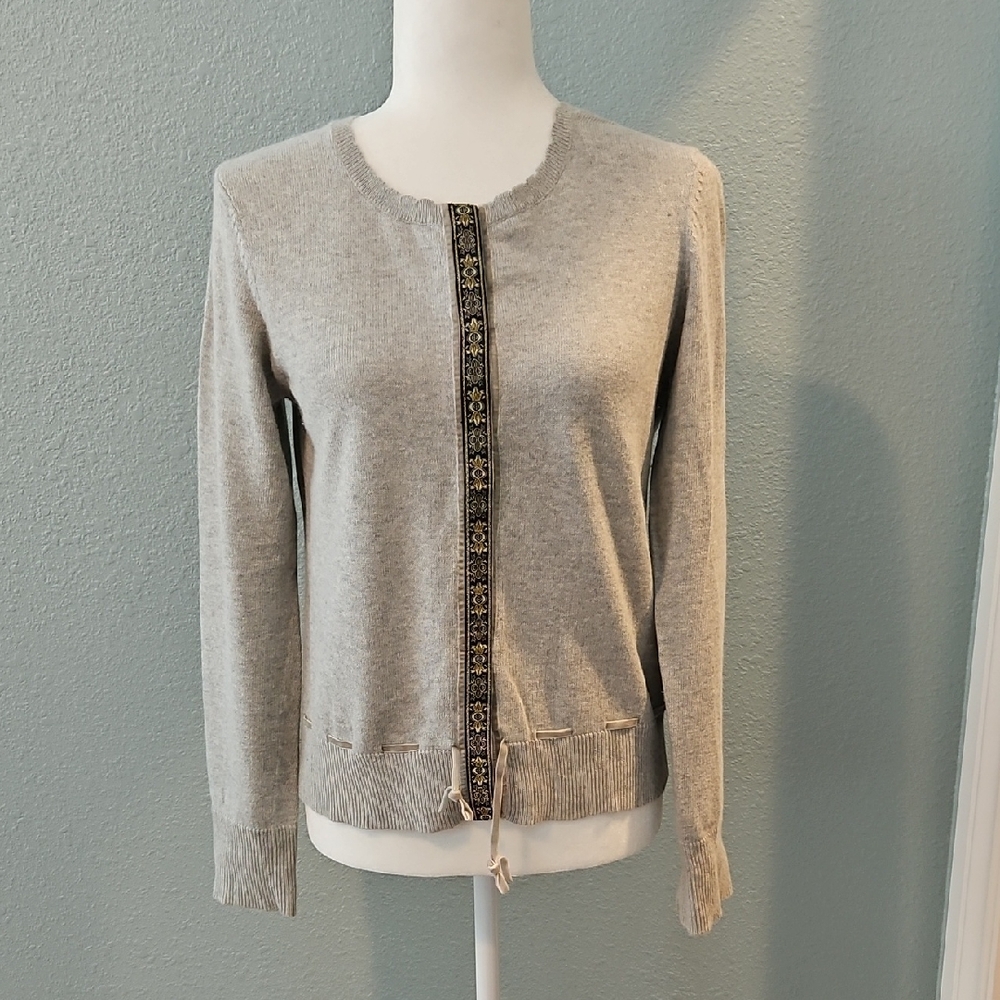 Chic Gray Cardigan with Embellished Trim